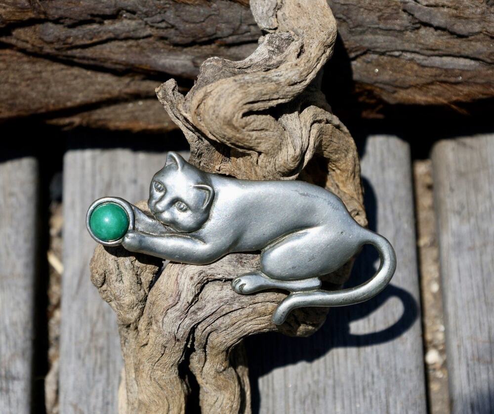 Seagull Pewter Cat Brooch Playing Ball Signed 1990 Canada Vintage Cat Lover Pin
